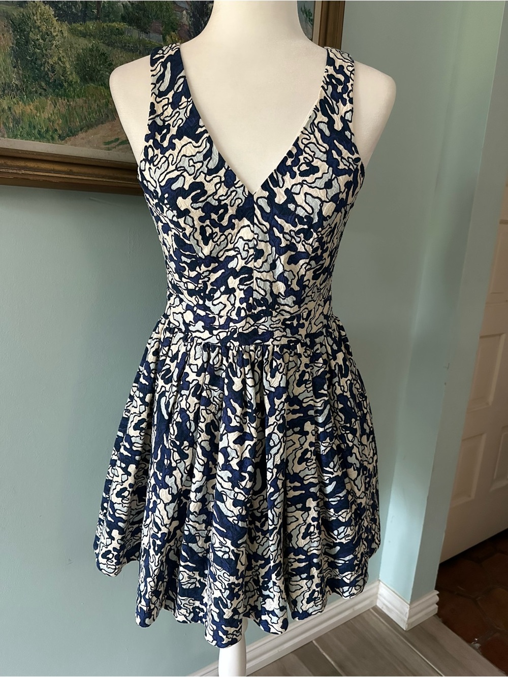 V-Neck Navy and Cream Fit & Flare Dress
